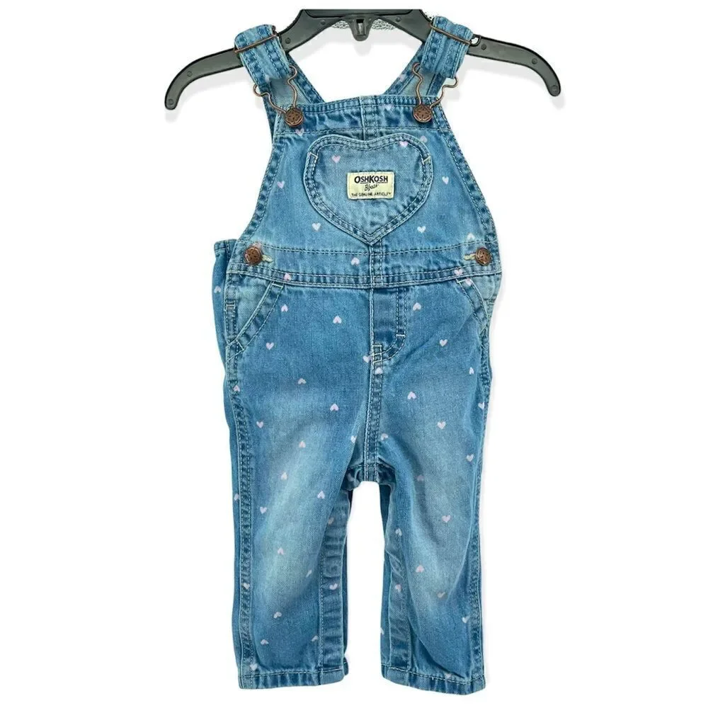 OshKosh B’gosh Baby Girl’s Vestbak Pink Hearts Denim Overalls Size 9M